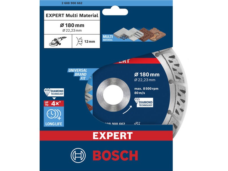 Diamantna rezalna plošča Bosch EXPERT MultiMaterial, Dimenzije: 180x22,23x2,4x12mm, 2608900662